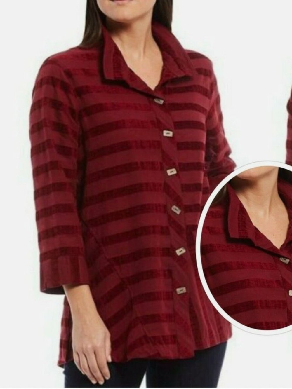 JOHN MARK Tonal Striped Merlot Red Button Tunic Top Blouse
